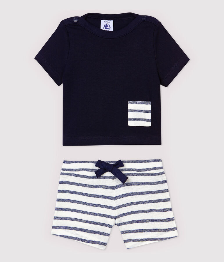 Insieme t-shirt/shorts in cotone lino beb&egrave; maschio blu/bianco