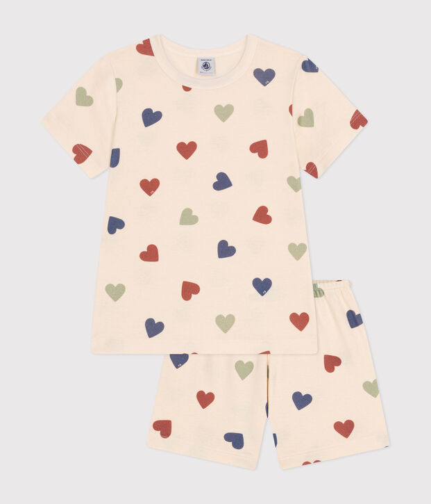 Pigiama short fantasia a cuori in cotone bambino ecru/multicolore