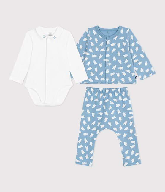 Set 3 pezzi con orso stampato e body con colletto ricamato neonato blu ADRIATIC/ MULTICO