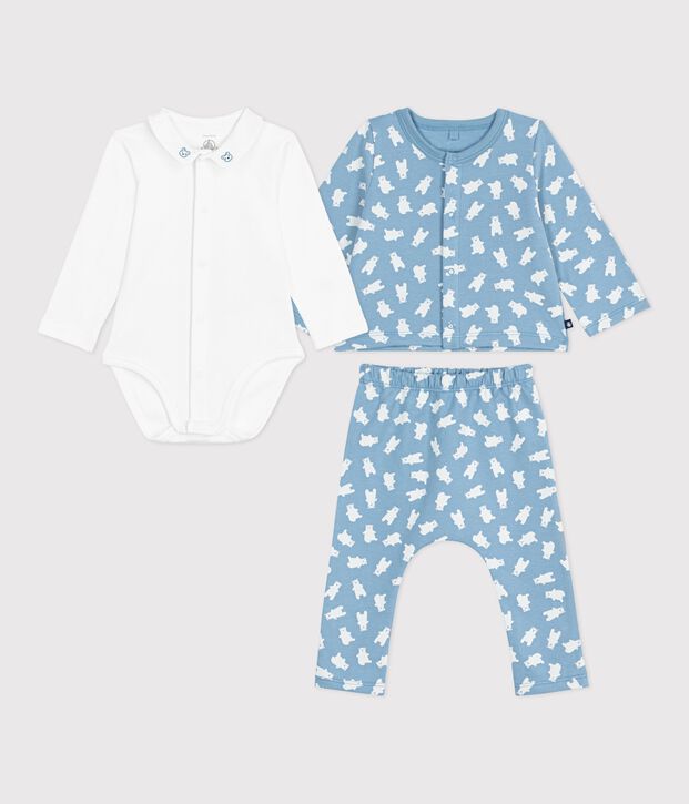 Set 3 pezzi con orso stampato e body con colletto ricamato neonato blu/multicolore