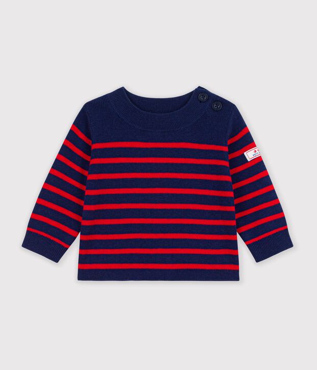 Maglione in stile marinaro in misto lana e cotone a righe neonato blu/rosso