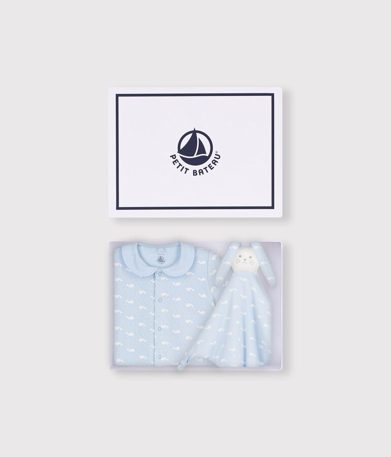 Set regalo con tutina e doudou con balene stampate neonato blu/bianco