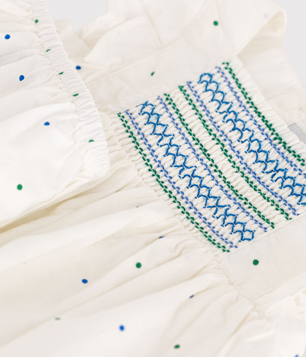 Abito bianco neonato in cotone e bloomer coordinato con stampa a pois bianco/multicolore
