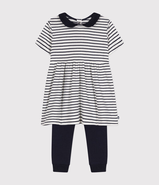 Completo abito e leggings in cotone bebè bianco MARSHMALLOW/blu SMOKING