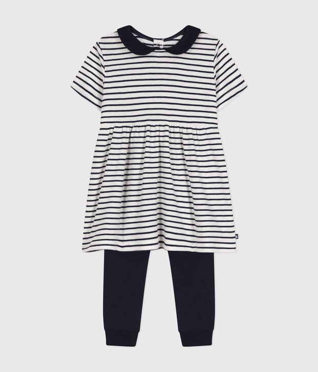 Completo abito e leggings in cotone beb&egrave; bianco/blu