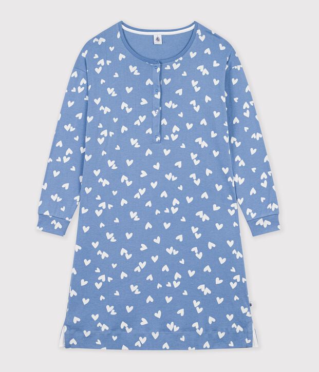 Camicia da notte in cotone con scollo alla coreana e stampa a cuori donna blu/bianco