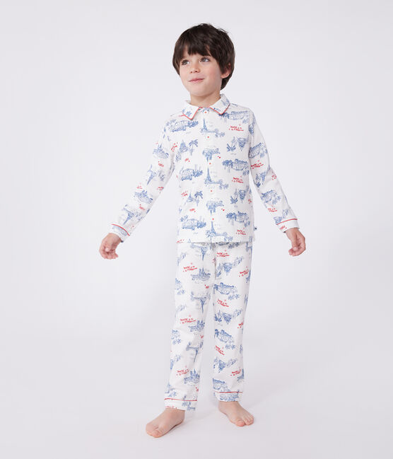 Pigiama bambino in cotone con bottoni e stampa Parigi bianco MARSHMALLOW/bianco MULTICO