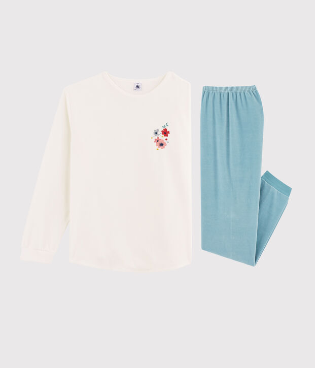 Pigiama ragazza in ciniglia bianco/blu