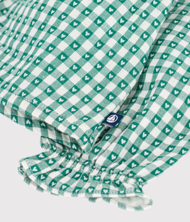Blusa a maniche lunghe in cotone con stampa a cuori a quadretti vichy neonata verde/bianco