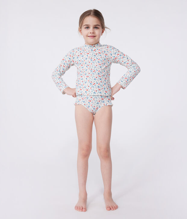 T-shirt da bagno anti-UV a maniche lunghe a fiori bambina bianco/multicolore