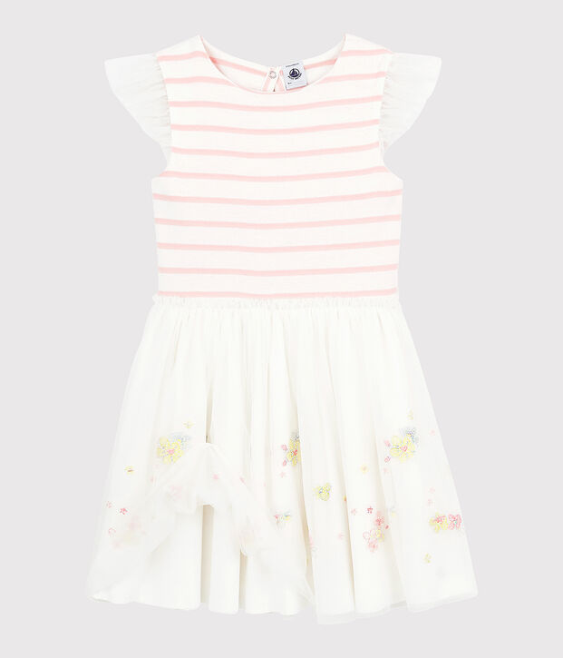 Abito da cerimonia in cotone e tulle bambina bianco/rosa