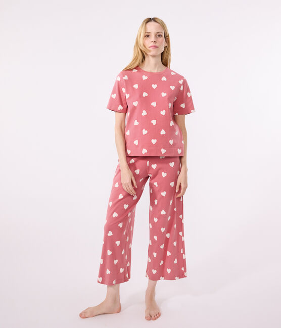 Pigiama in cotone con cuore stampato donna rosa ROSEWOOD/ MARSHMALLOW