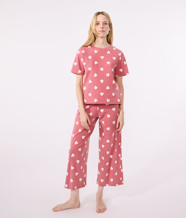 Pigiama in cotone con cuore stampato donna rosa/bianco