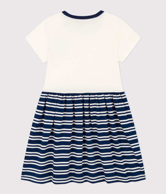 Abito manica corta in cotone bambina blu MEDIEVAL/bianco MARSHMALLOW