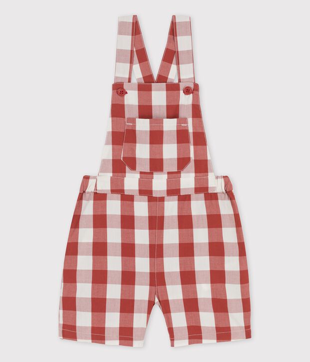 Salopette corta per beb&egrave; in popeline marrone/ecru