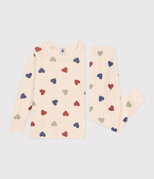 Pigiama bambino fantasia cuori in cotone ecru/multicolore