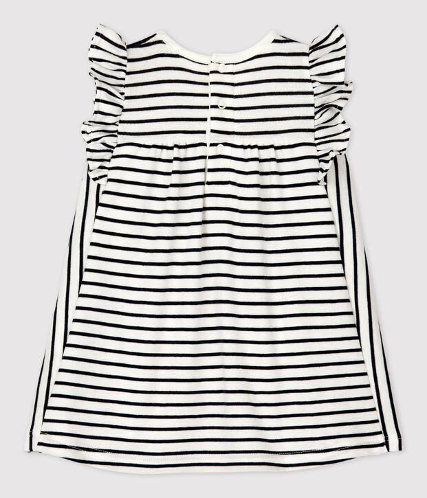 Abito body a righe marini&egrave;re per beb&egrave; in cotone biologico. bianco/blu