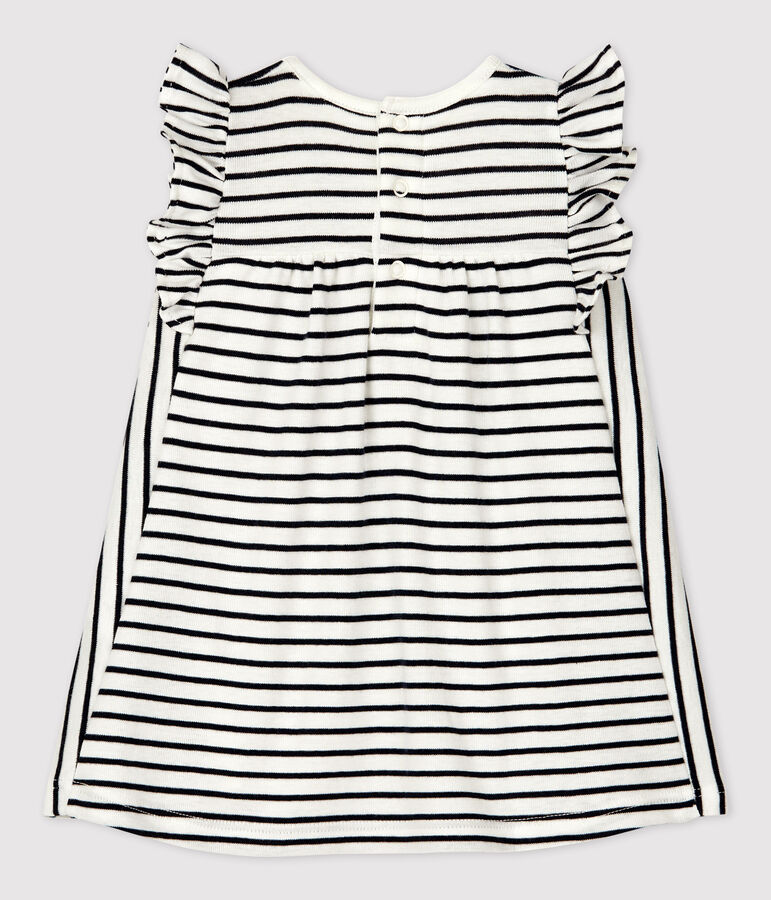 Abito body a righe marini&egrave;re per beb&egrave; in cotone biologico. bianco/blu