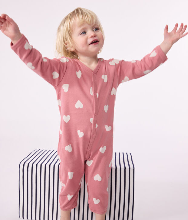 Pigiama beb&egrave; senza piedini in cotone stampato neonato rosa/bianco