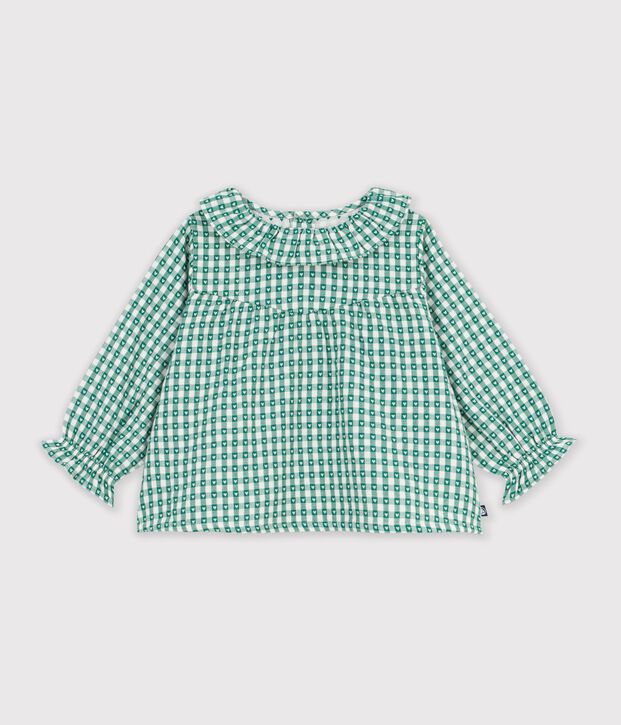 Blusa a maniche lunghe in cotone con stampa a cuori a quadretti vichy neonata verde/bianco