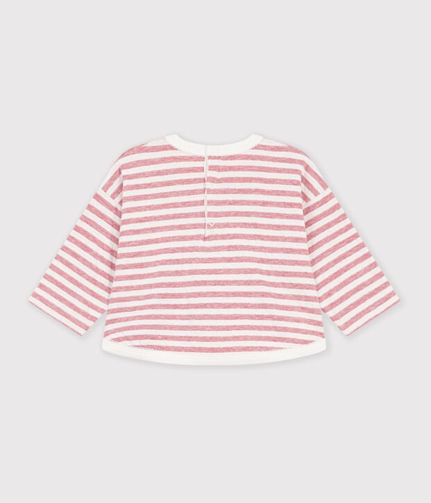 T-shirt a maniche lunghe in cotone a righe neonato. rosa/ecru