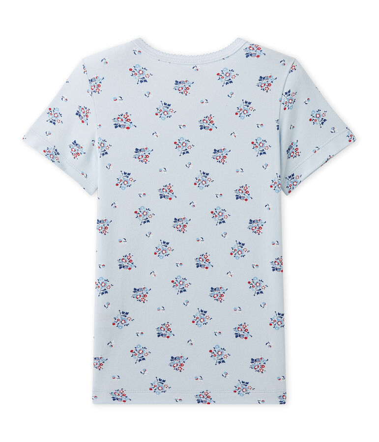 T-shirt per bambina stampata in jersey stretch blu/multicolore