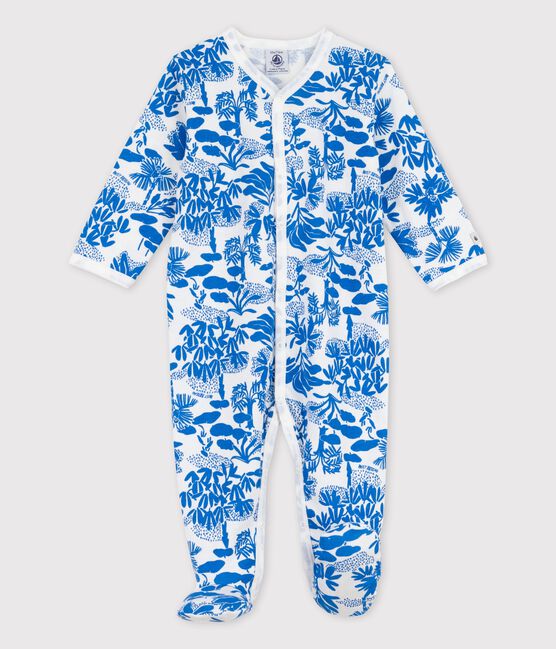 Tutina pigiama stampa vegetale bebè in cotone bianco MARSHMALLOW/blu BRASIER