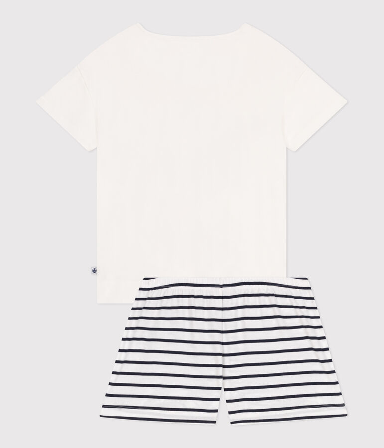 Pigiama corto in cotone con stampa a cuori donna bianco/blu