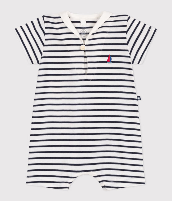 Tutina corta in cotone a righe con collo alla marinara neonato bianco MARSHMALLOW/blu SMOKING