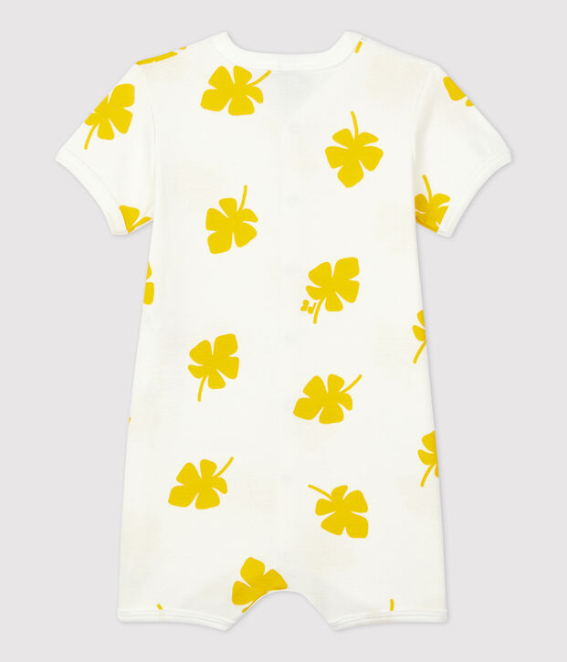 Tutina corta stampa vegetale beb&egrave; in cotone bianco/giallo