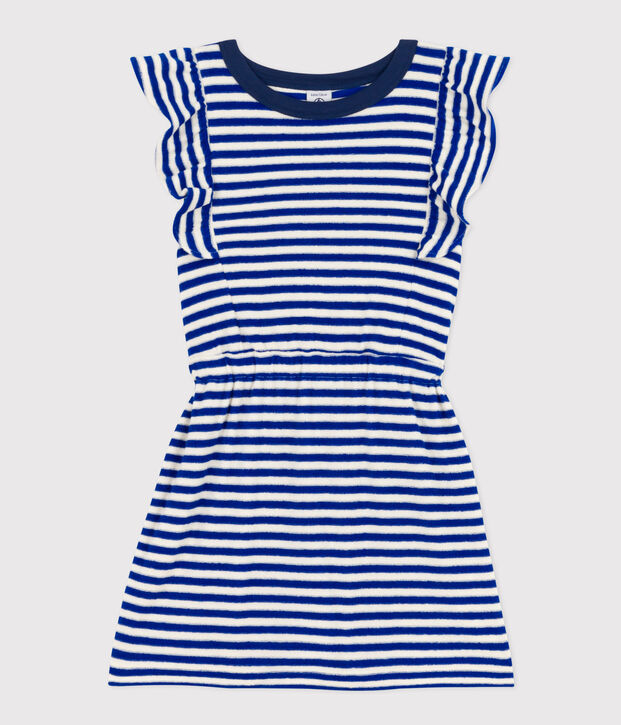 Abito bambina in spugna bouclette a righe senza maniche blu/ecru