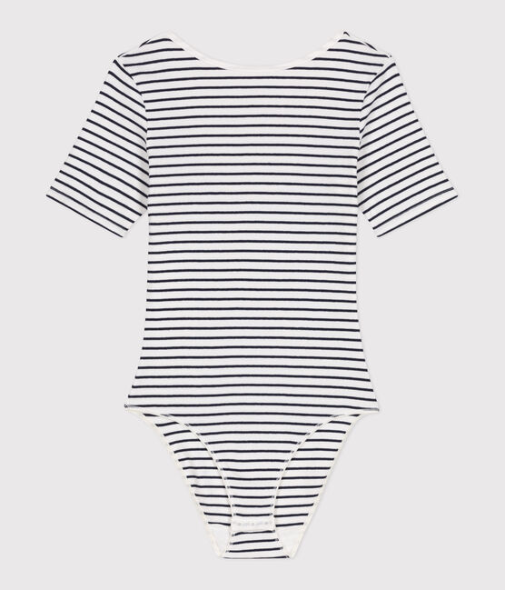Body a maniche corte donna in misto cotone ed elastan a righe bianco MARSHMALLOW/blu SMOKING