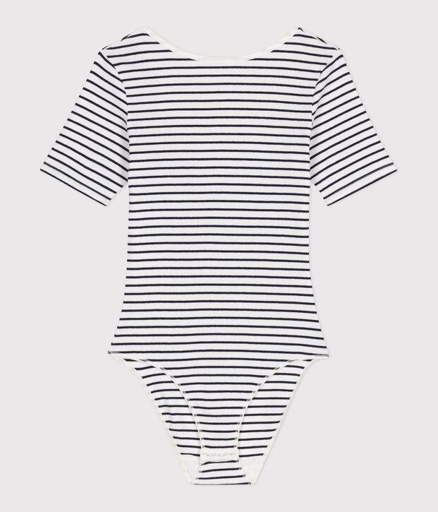 Body a maniche corte donna in misto cotone ed elastan a righe bianco/blu