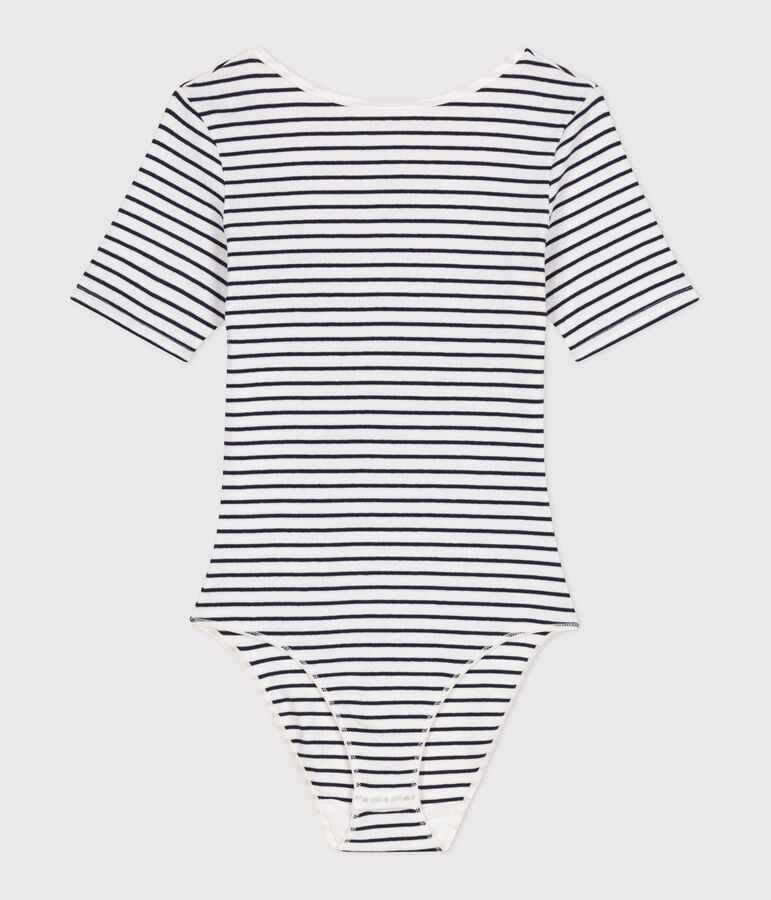 Body a maniche corte donna in misto cotone ed elastan a righe bianco/blu