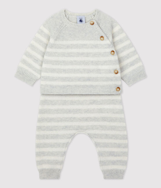 Completo 2 pezzi bebè in tricot a righe beige MONTELIMAR/grigio MARSHMALLOW