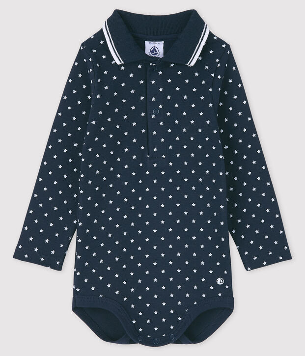Body manica lunga colletto a polo beb&egrave; blu/bianco