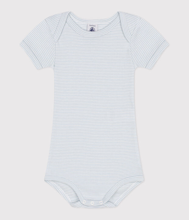 Body a maniche corte in cotone con stampa neonato blu/bianco