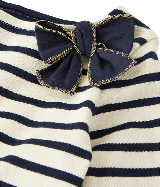 Abito per bambina bi-matière a righe beige COQUILLE/blu SMOKING