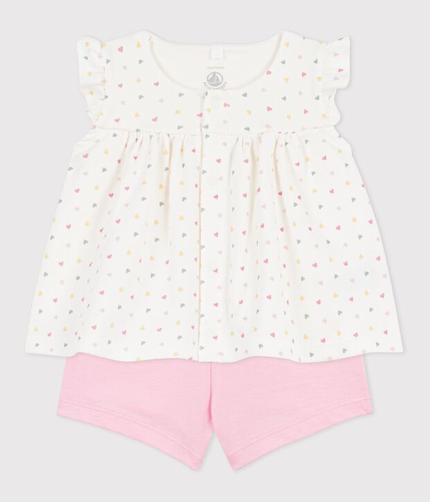 Set 2 pezzi in cotone stampato a cuoricini neonata bianco/multicolore