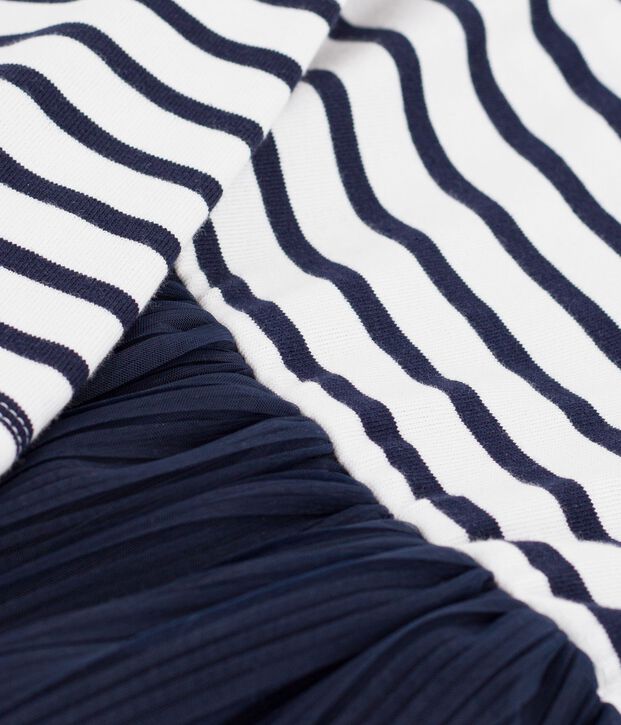 Abito a maniche lunghe in cotone e tulle a righe bambina bianco/blu