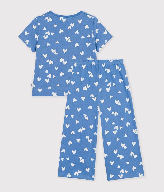 Pigiama a gamba ampia in cotone a cuori bambina blu/bianco