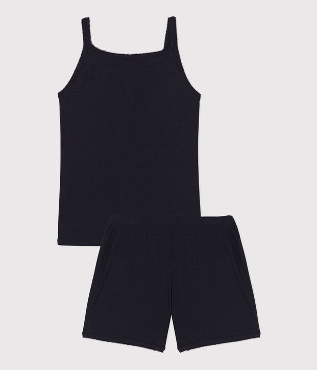 Pigiama donna corto in cotone e lyocell tinta unita con spalline blu