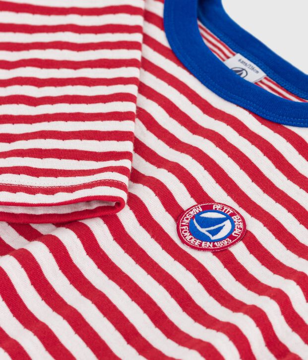 T-shirt a maniche lunghe in cotone a righe bambino rosso/ecru