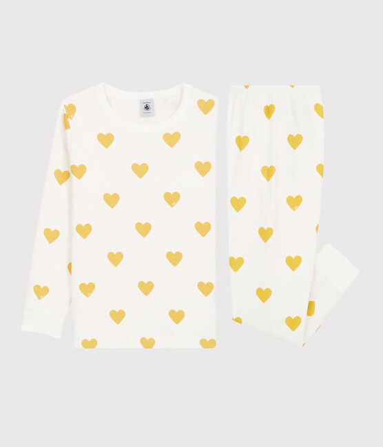Pigiama bambina/bambino a cuori in tubique di cotone biologico bianco MARSHMALLOW/giallo OCRE