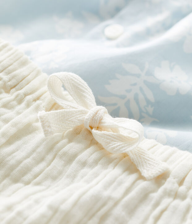 Completo 2 pezzi beb&egrave; con stampa hawaiana in popeline biologico blu/bianco