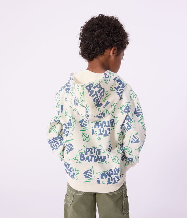 Felpa con cappuccio in cotone stampato bambino ecru/multicolore