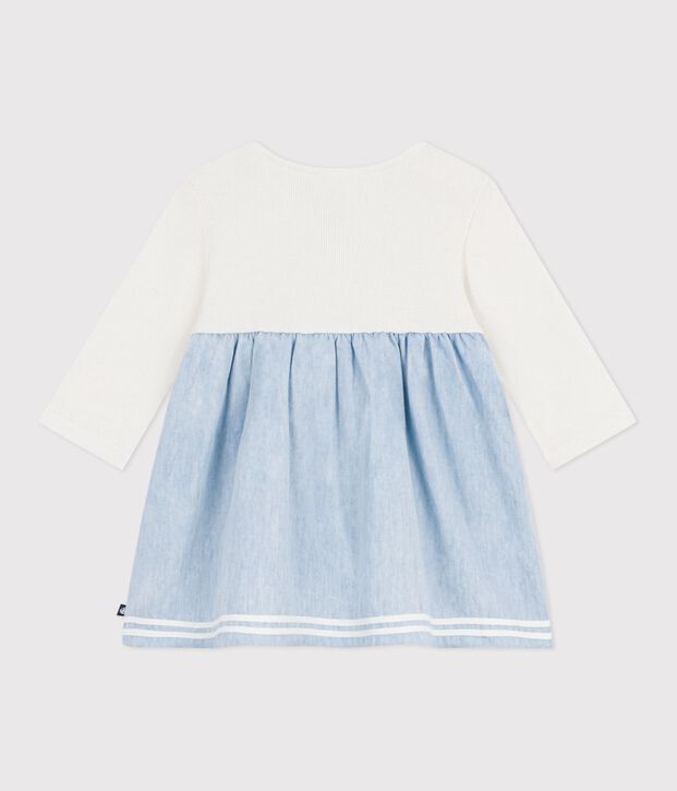Abito bi-materiale a maniche lunghe in cotone e chambray neonata ecru/multicolore