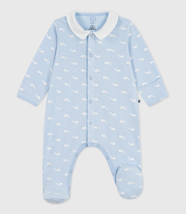 Pigiama neonato in cotone con colletto stampato con balena blu/bianco