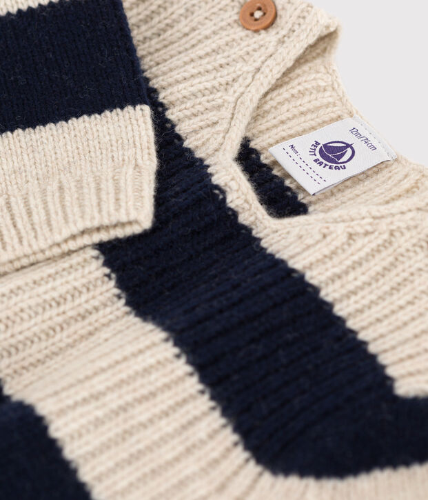 Maglione in tricot di lana e cotone per beb&egrave; ecru/blu