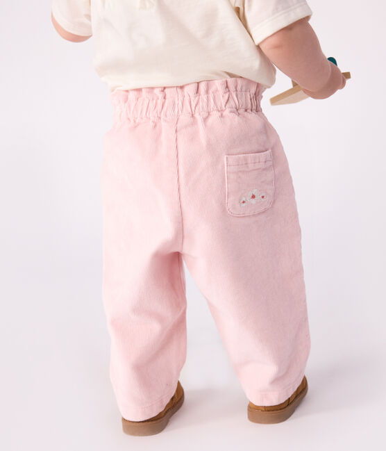 Pantaloni neonato in velluto tinta unita, tasca posteriore ricamata rosa JOLI